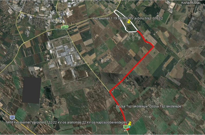 6 km hosszú vezetéket (pirossal jelölve) fektetnének le a földbe. / Kép: Telephelyvizsgálat Reg Flag Riport Kecskemét (0763/2 hrsz.), készült: 2021.04.08.